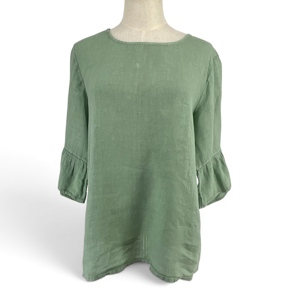 Terzo Millennio Italy Sage Green 100% Linen Ruffle Bell Sleeve Button Back Tunic